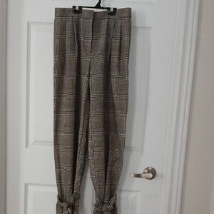 Zara Brownish Gray & Black Houndstooth Straight Leg With Bow Hem